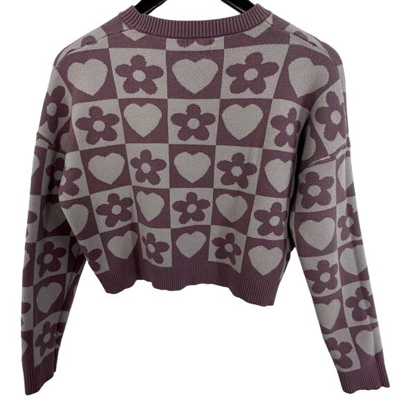 Debut Retro Purple Floral / Hearts Crop Sweater Size Medium Hippy Groovy Y2K - Picture 2 of 3